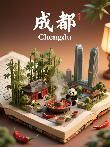 书页里的成都熊猫火锅闲趣图