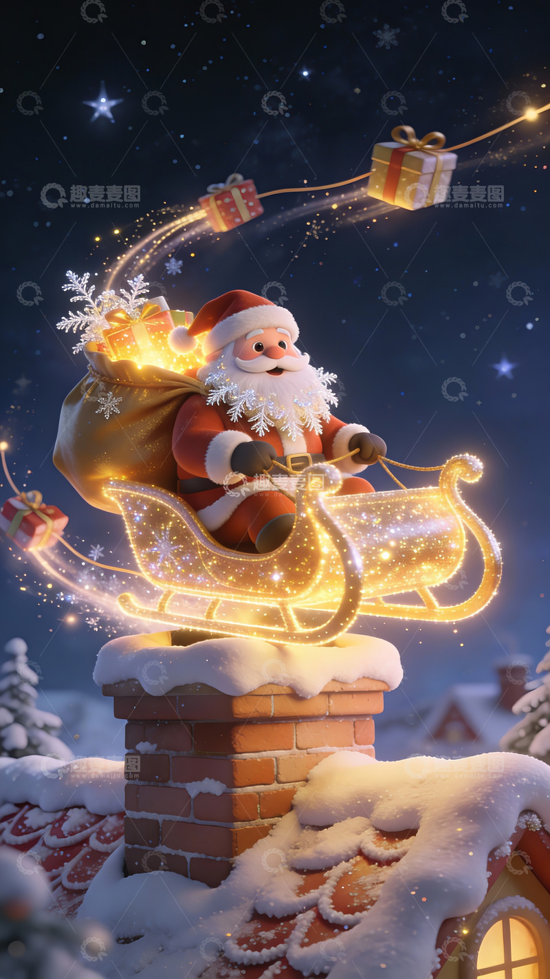 高清大图下载【趣麦麦图】星光雪夜中圣诞老人的雪橇送礼记