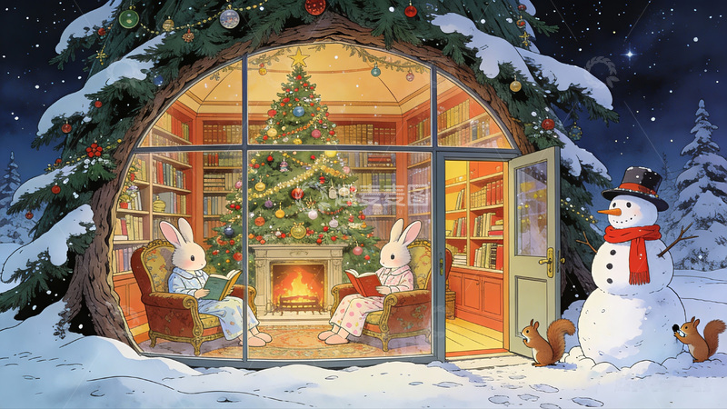 高清大图下载【趣麦麦图】圣诞温馨小屋插画