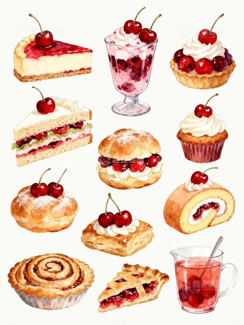 源文件下载【趣麦麦图】水彩风格樱桃主题甜品2