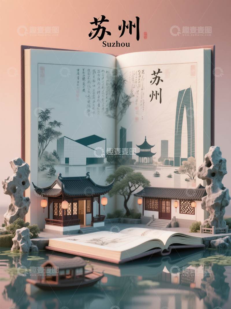 高清大图下载【趣麦麦图】-水墨书页中的苏州园林古今图