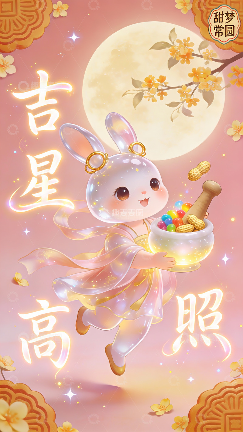 高清大图下载【趣麦麦图】中秋玉兔捧宝的吉星高照图