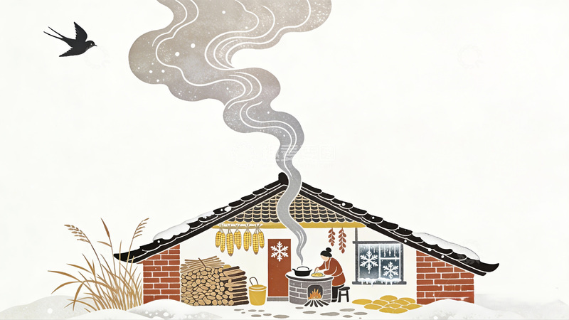高清大图下载【趣麦麦图】冬日乡村炊烟手绘插画