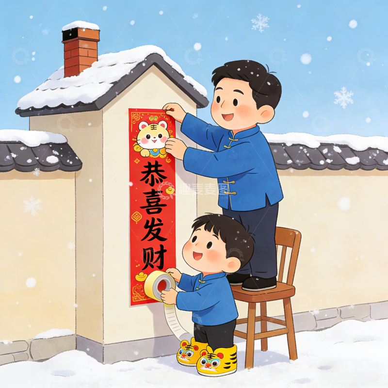 高清大图下载【趣麦麦图】春节贴春联场景