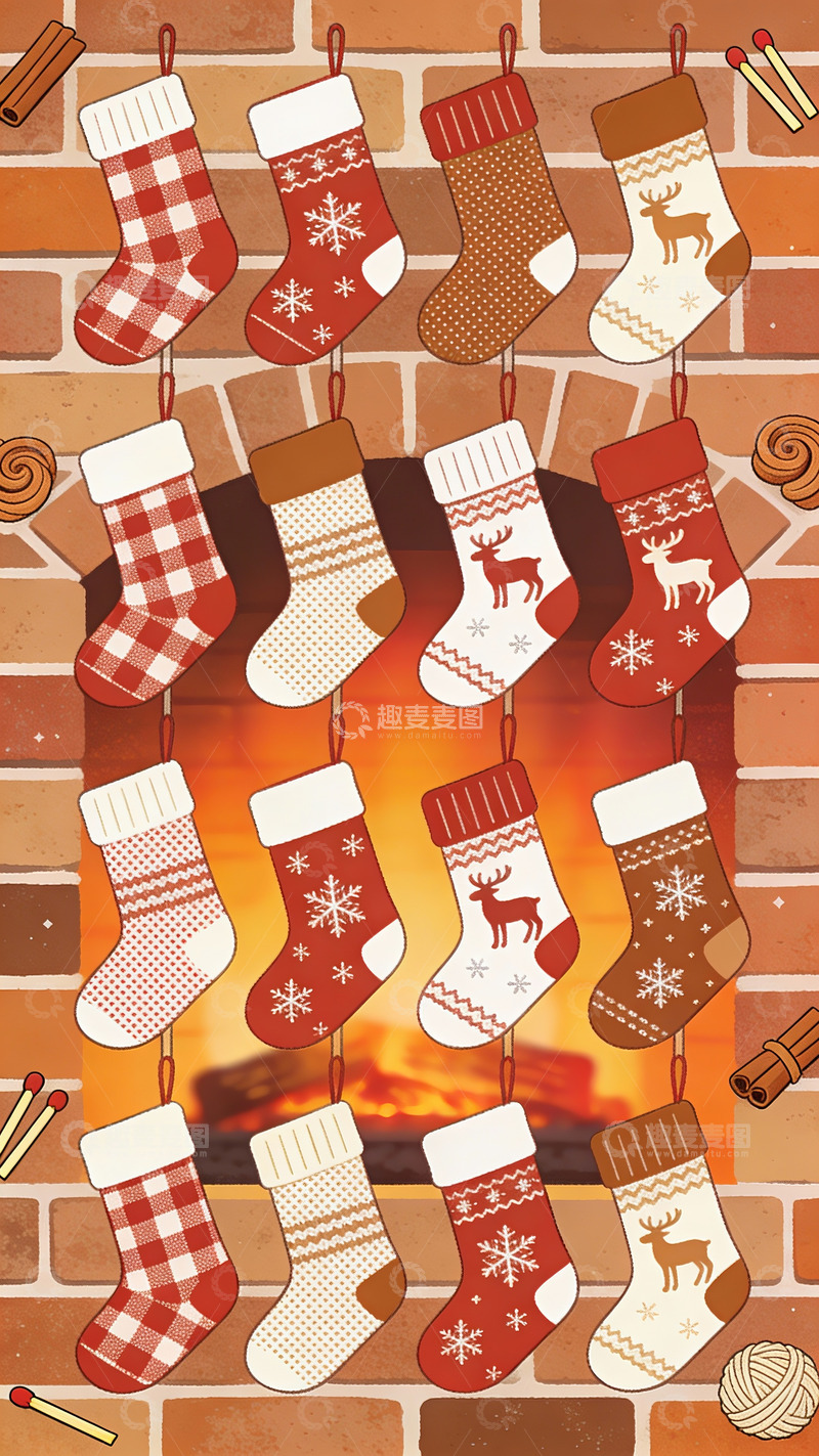 高清大图下载【趣麦麦图】壁炉前的红棕织纹：圣诞袜的暖冬集合