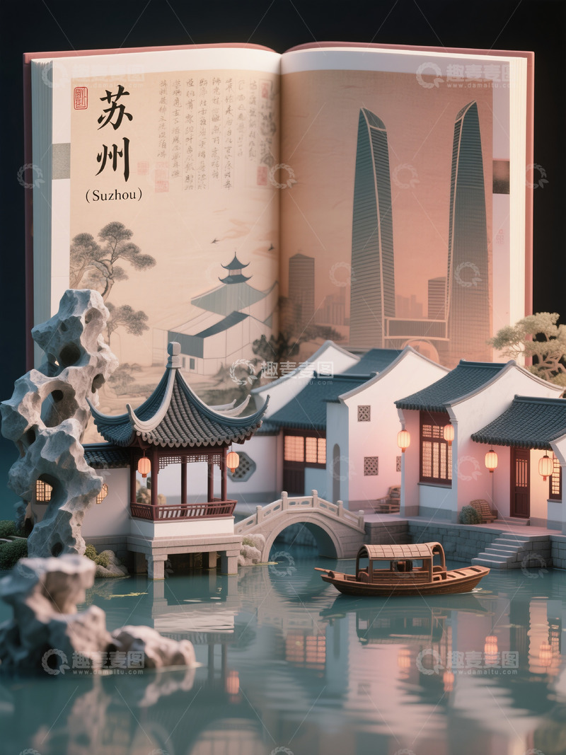 高清大图下载【趣麦麦图】书卷中的姑苏：园林与摩天的水墨交响