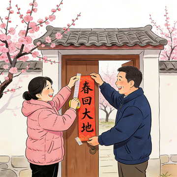夫妻俩贴春联