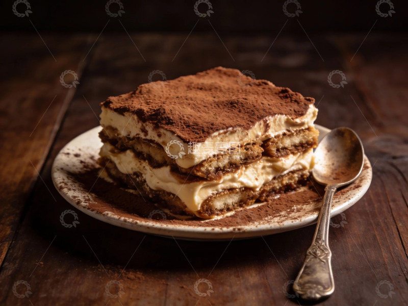 高清大图下载【趣麦麦图】木纹桌提拉米苏美食摄影