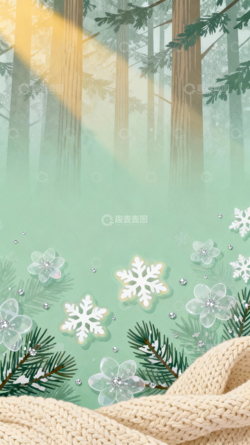 高清大图下载【趣麦麦图】冬季雪花松树装饰的浅绿色背景