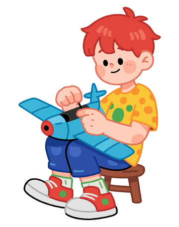 卡通男孩玩飞机玩具