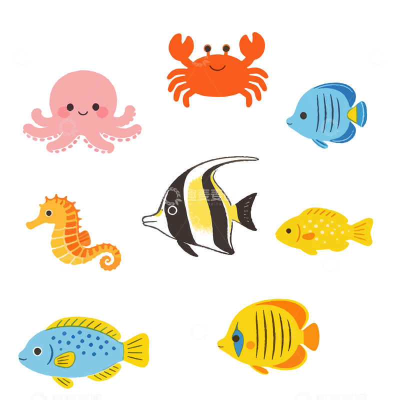 源文件下载【趣麦麦图】卡通海洋生物插画设计元素