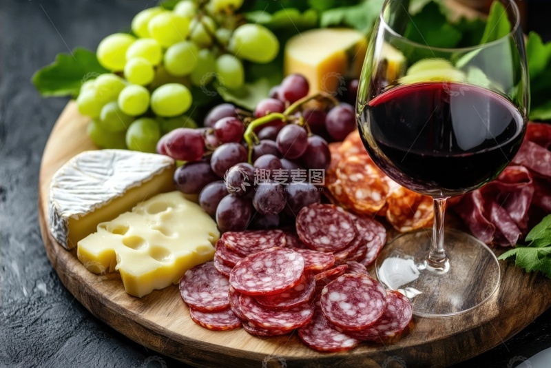 高清大图下载【趣麦麦图】葡萄酒和葡萄腊肠片美食