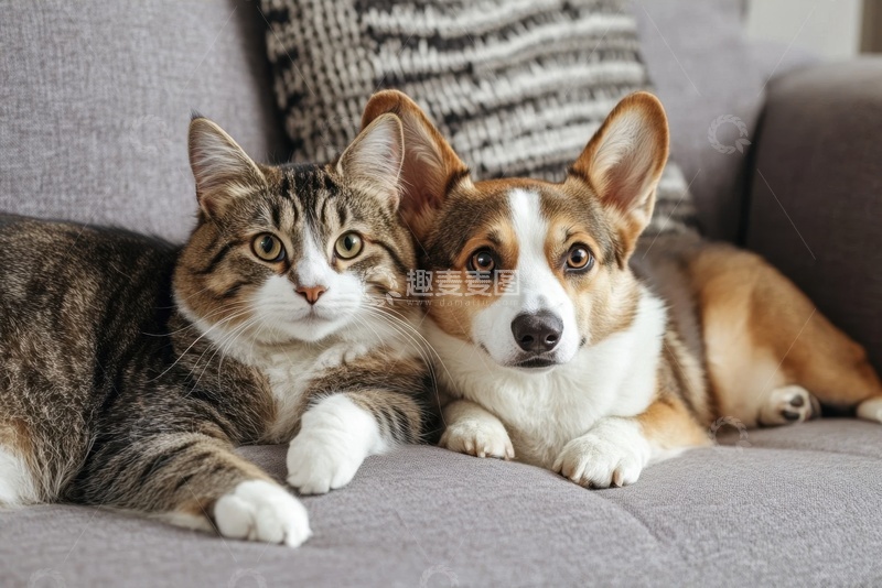 高清大图下载【趣麦麦图】趴在沙发上的小猫和小狗