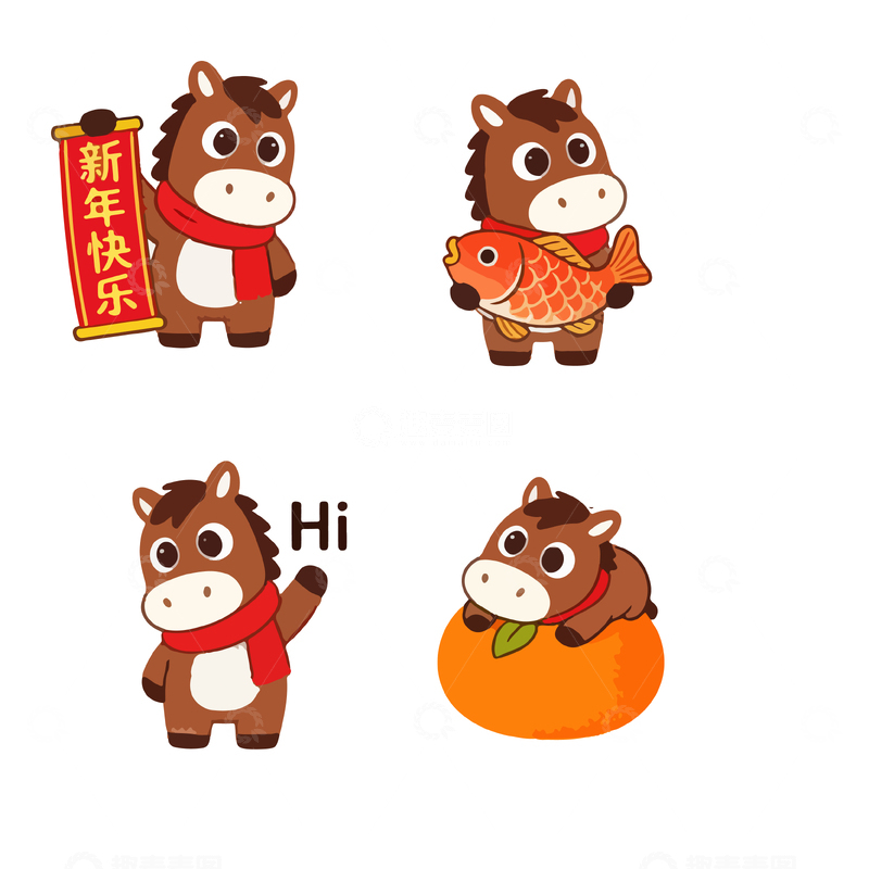 源文件下载【趣麦麦图】卡通马新年祝福设计元素