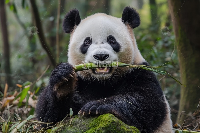 高清大图下载【趣麦麦图】树林里吃竹子的大熊猫