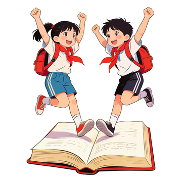卡通学生跳跃书本插画