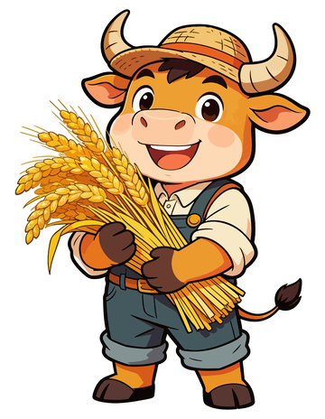 卡通牛农丰收麦穗插画