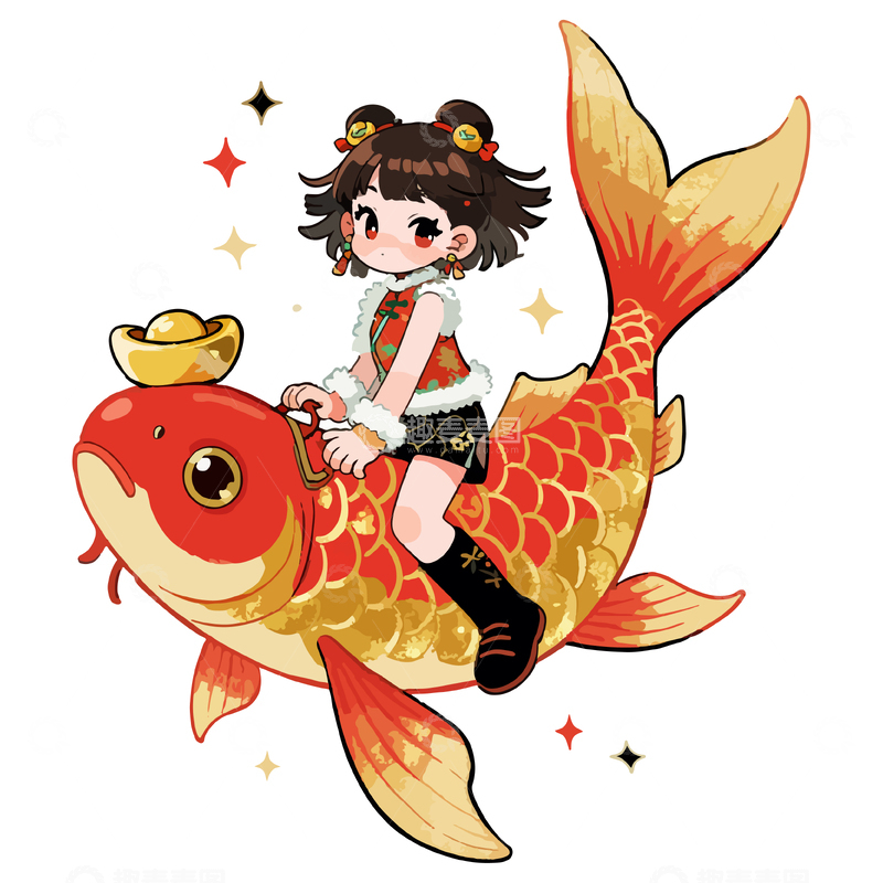 源文件下载【趣麦麦图】卡通女孩锦鲤插画