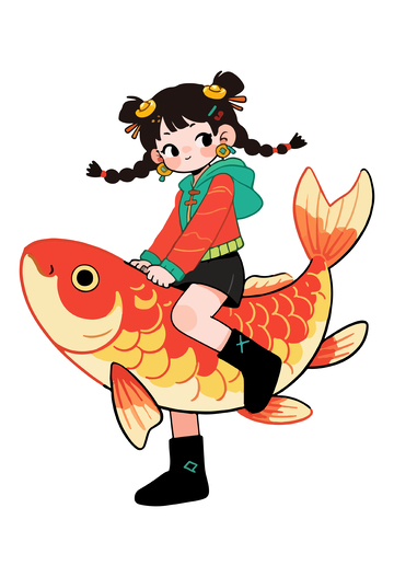 卡通女孩骑鱼插画