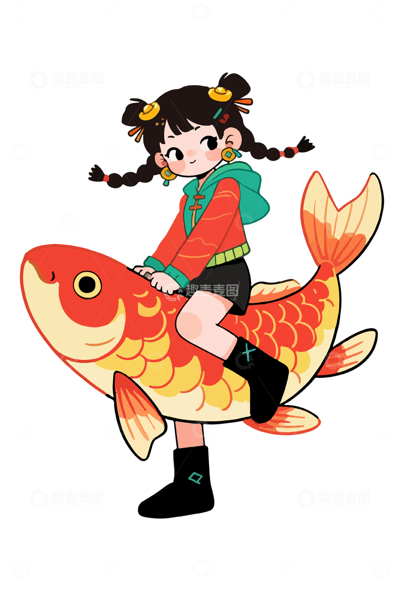 源文件下载【趣麦麦图】-卡通女孩骑鱼插画