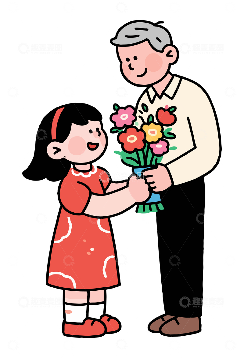 源文件下载【趣麦麦图】-卡通祖孙献花温馨画面