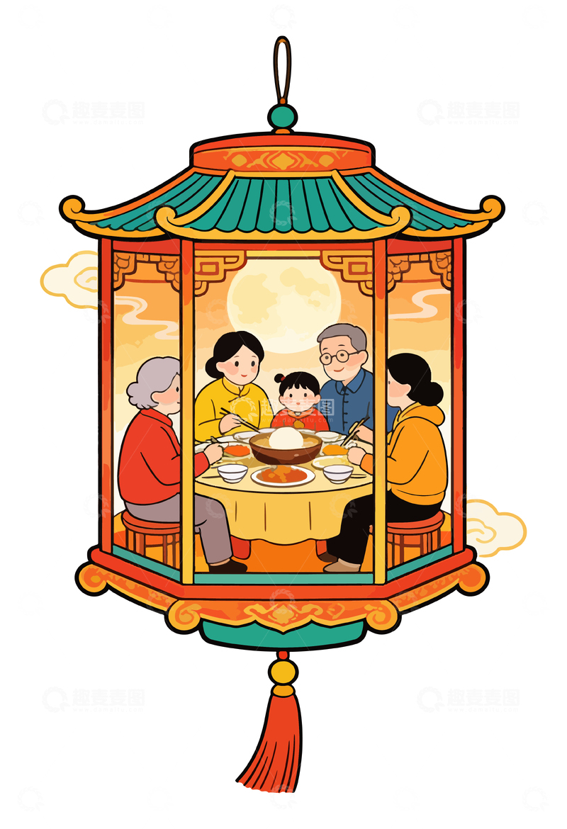 源文件下载【趣麦麦图】灯笼内家庭聚餐插画