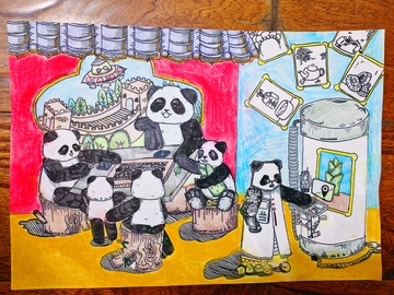 卡通熊猫环保生活绘画