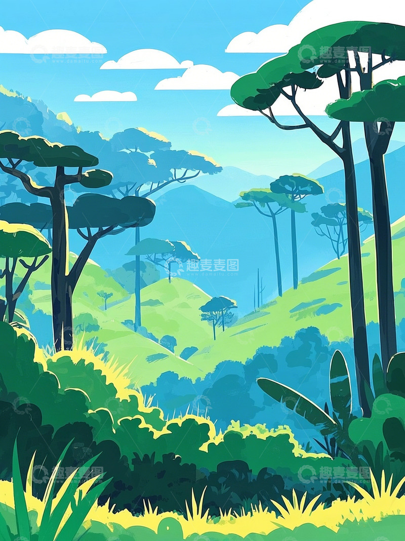 高清大图下载【趣麦麦图】AICG扁平插画树林山峦蓝天白云风景场景