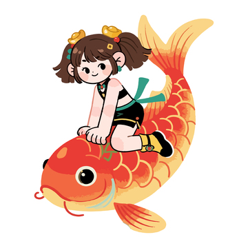 卡通风少女骑锦鲤插画