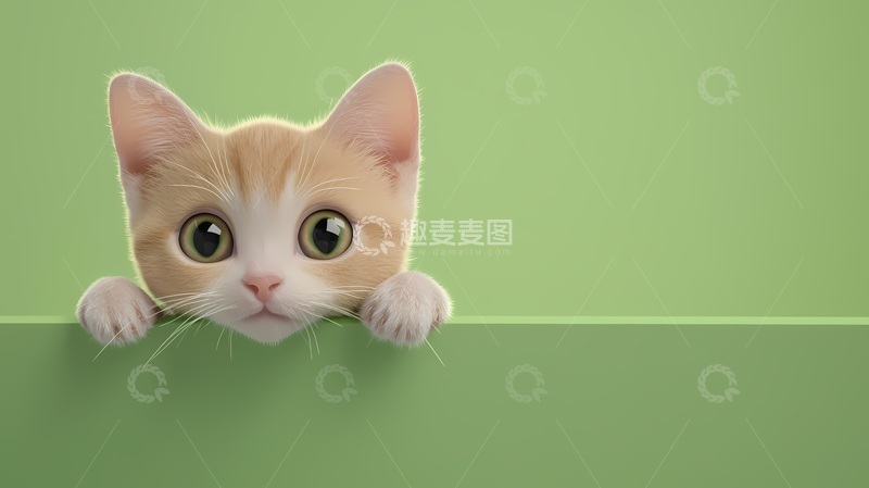高清大图下载【趣麦麦图】卡通小猫绿色背景插画