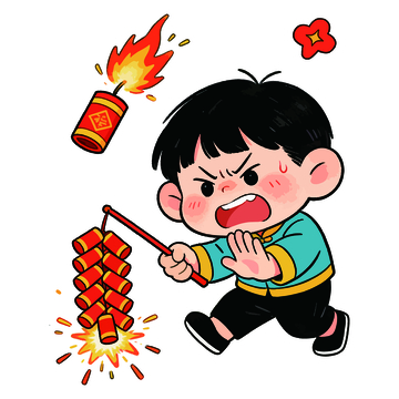 卡通小男孩放鞭炮插画