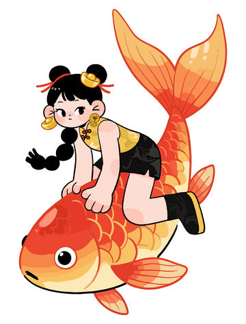 卡通女孩锦鲤插画