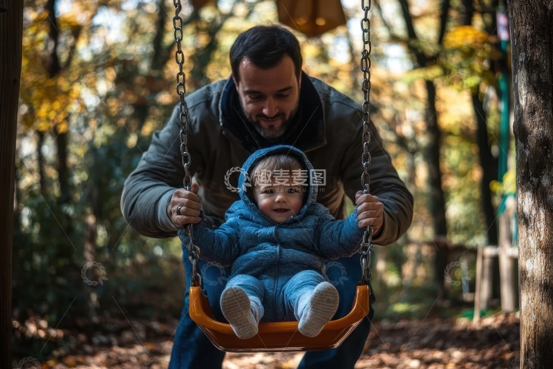 高清大图下载【趣麦麦图】父亲推着小孩荡秋千