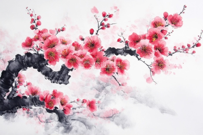 高清大图下载【趣麦麦图】手绘水墨红色梅花花枝
