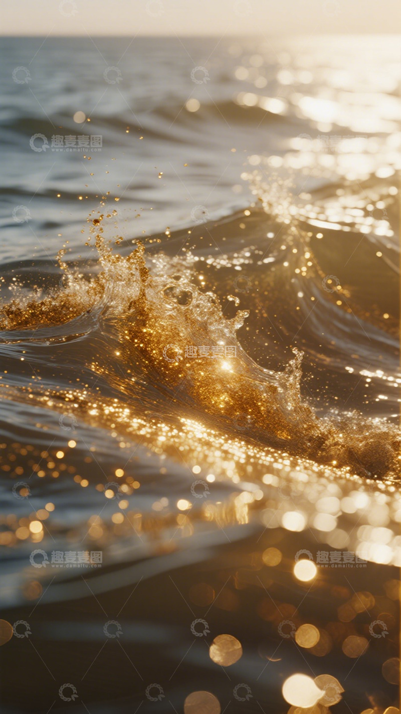 高清大图下载【趣麦麦图】金色海浪夕阳美景摄影图片