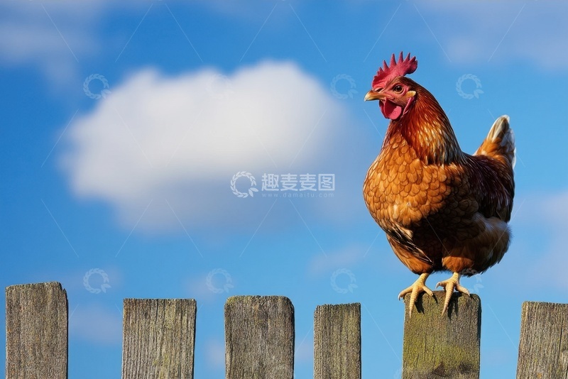 高清大图下载【趣麦麦图】站在木栏杆上的一只母鸡