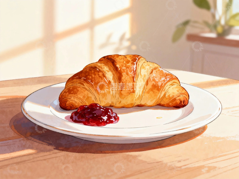 高清大图下载【趣麦麦图】阳光早餐羊角面包果酱插画