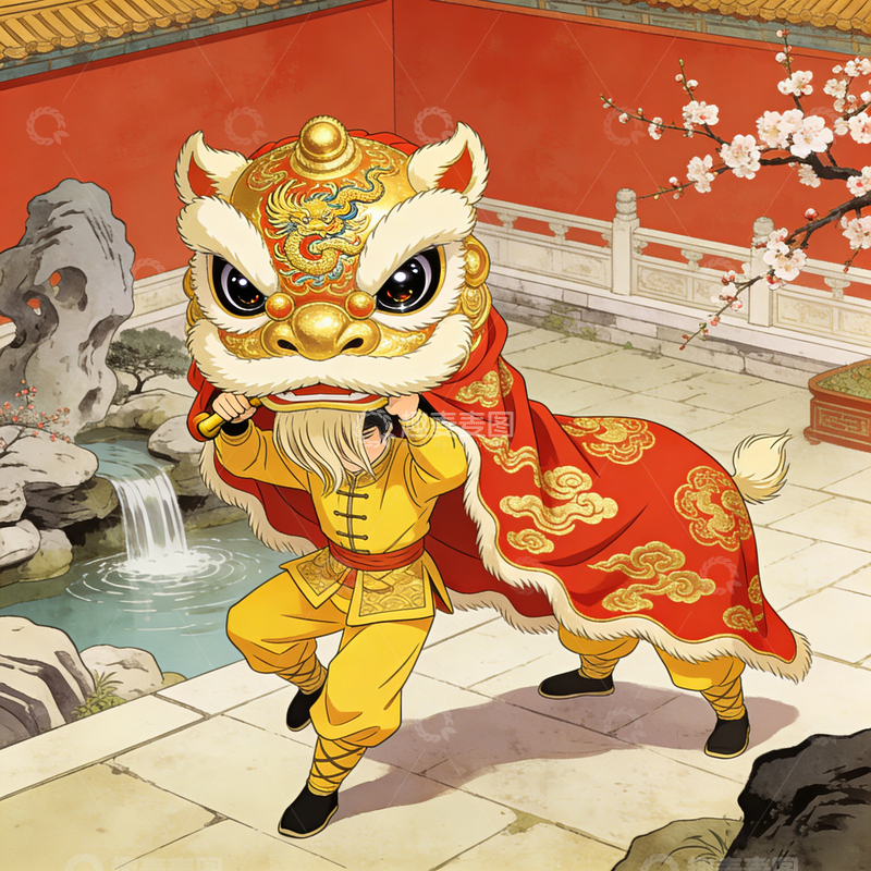 高清大图下载【趣麦麦图】传统舞狮插画