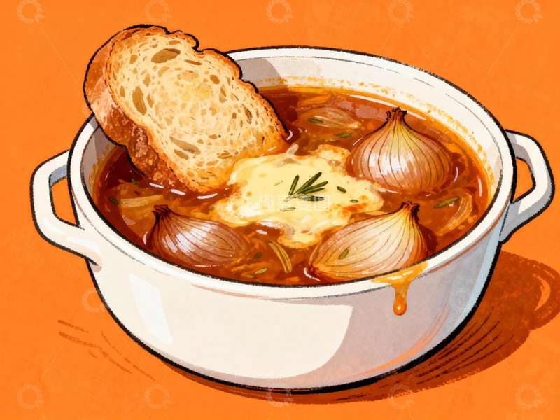高清大图下载【趣麦麦图】插画风洋葱汤美食插图