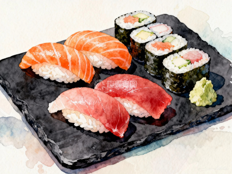 高清大图下载【趣麦麦图】水彩寿司美食插画设计素材
