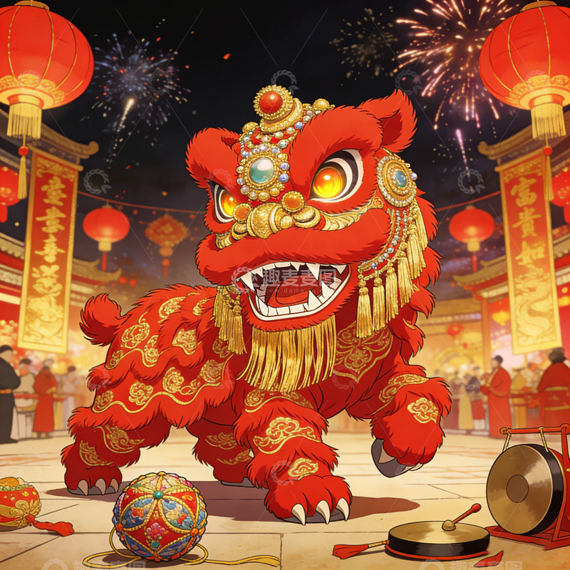 高清大图下载【趣麦麦图】非遗舞狮插画