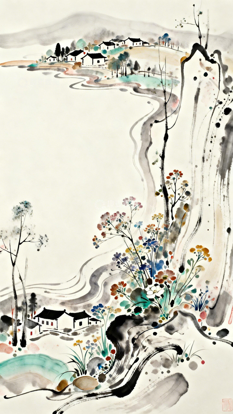 高清大图下载【趣麦麦图】-水墨山水画村庄风光