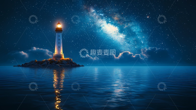 高清大图下载【趣麦麦图】星空灯塔海景CG插画