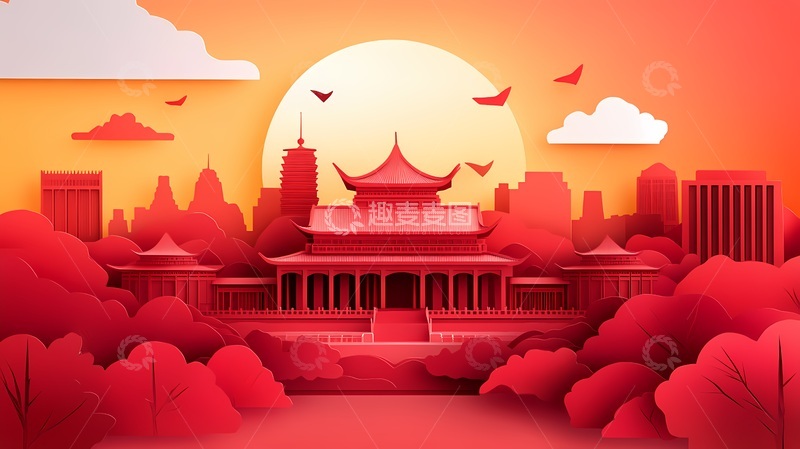 高清大图下载【趣麦麦图】剪纸风古城日落景象插画