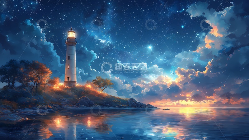 高清大图下载【趣麦麦图】灯塔夜景动漫风光