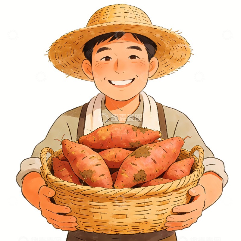高清大图下载【趣麦麦图】捧着一筐红薯的农民