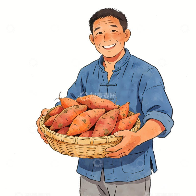 高清大图下载【趣麦麦图】抱着一筐红薯的农民