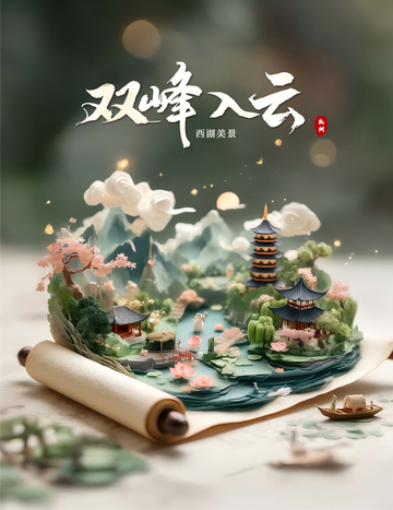 山水微缩景观卷轴画
