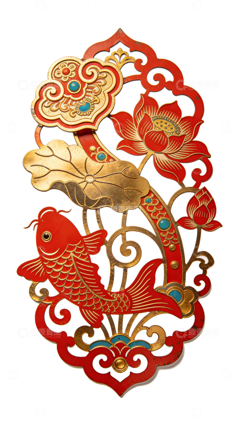 高清大图下载【趣麦麦图】过年春节传统中国风剪纸鱼荷花装饰图案