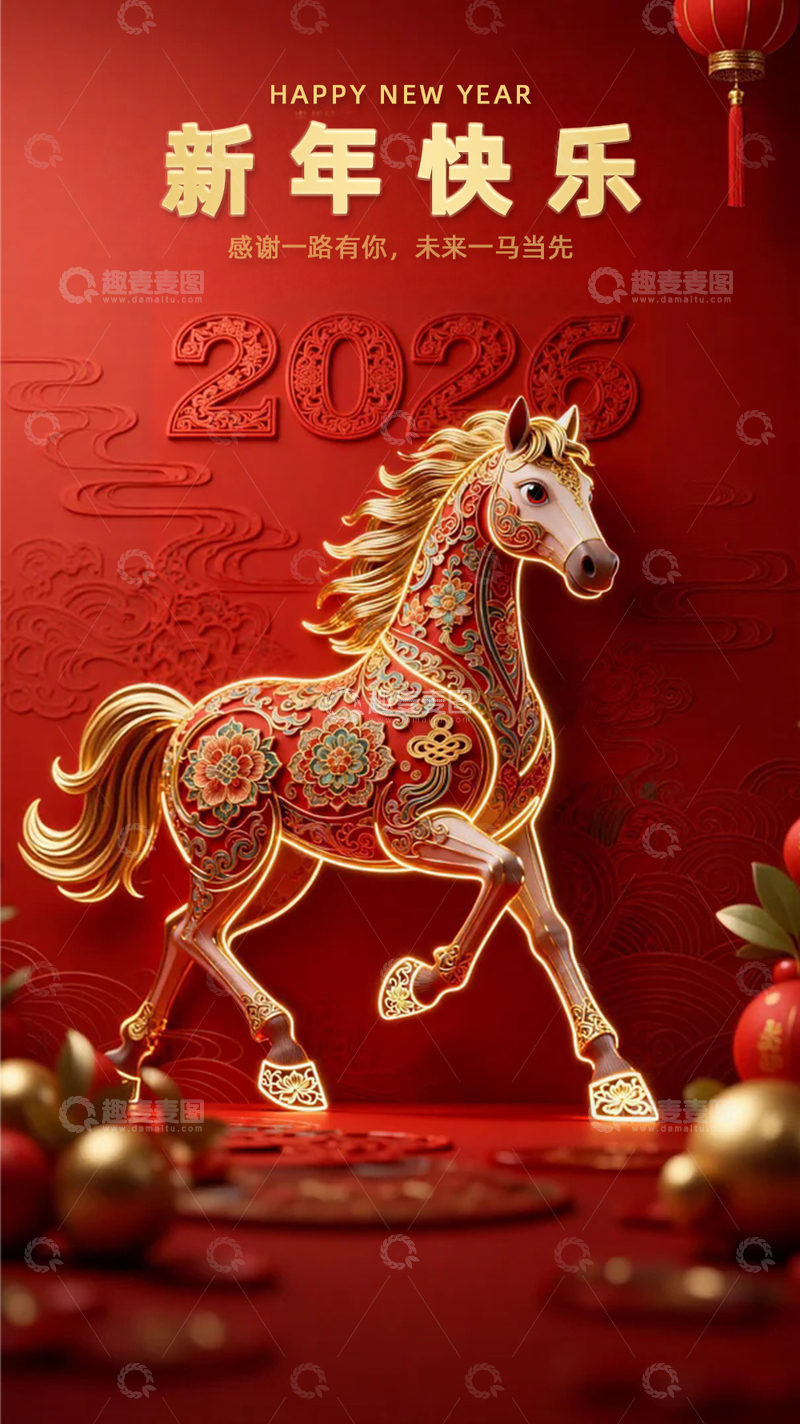 源文件下载【趣麦麦图】新年快乐马图案祝福贺卡设计素材